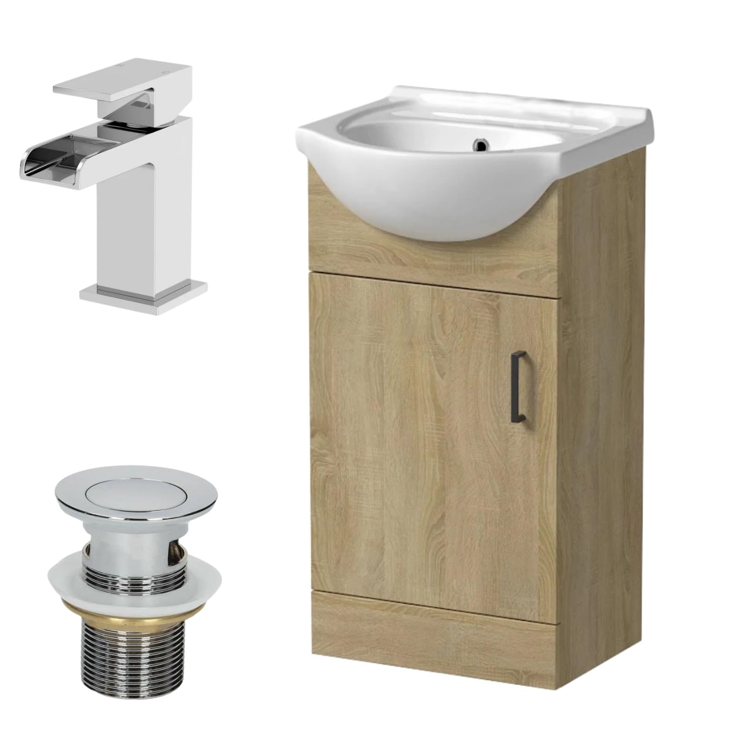Affine® 450mm Bathroom Vanity Unit Ceramic Sink Floorstanding Storage Cabinet Cupboard & Chrome Waterfall Basin Tap & Waste Set, Oak Effect