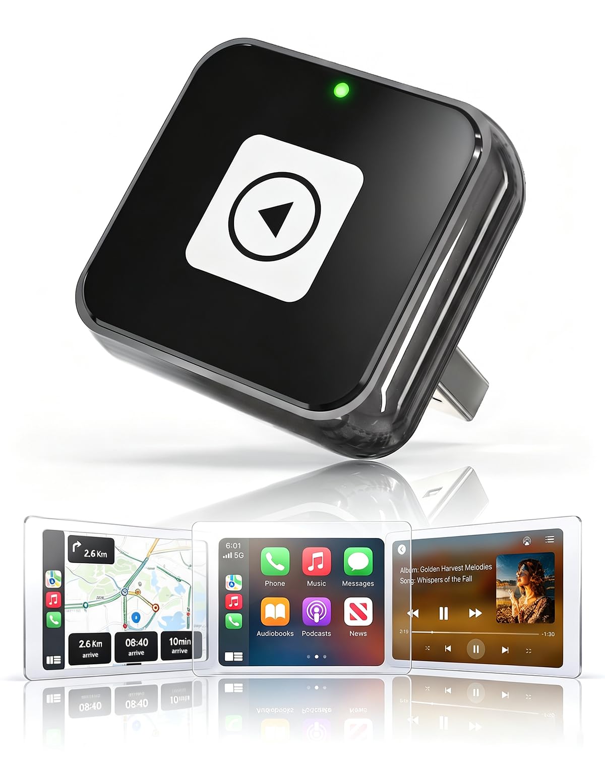 Bezprzewodowy adapter samochodowy CarPlay i Android, 2,54 cm, dyskretne połączenie Plug & Play, stabilne połączenie 5G do muzyki/nawigacji, działa z iPhone iOS 10+ i Android 11+, dla 98% samochodów