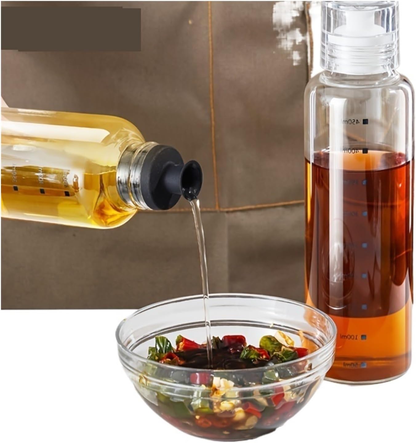 1PCS BBQ Cooking Oil Bottle With Scale Sealing Glass Oil Vinegar Cooking Kitchen 300/450/600ML(600ml-White)