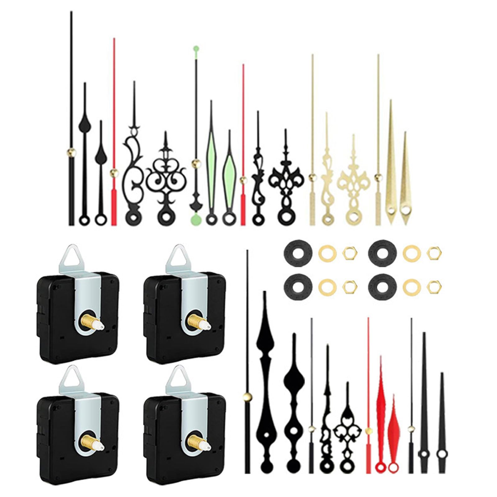 MINGLEA 4Pcs Quiet Quartzs Clock Movement Mechanism with 10 Different Pairs Hands Set for Craft Wall Clock Shaft Length 18/20mm