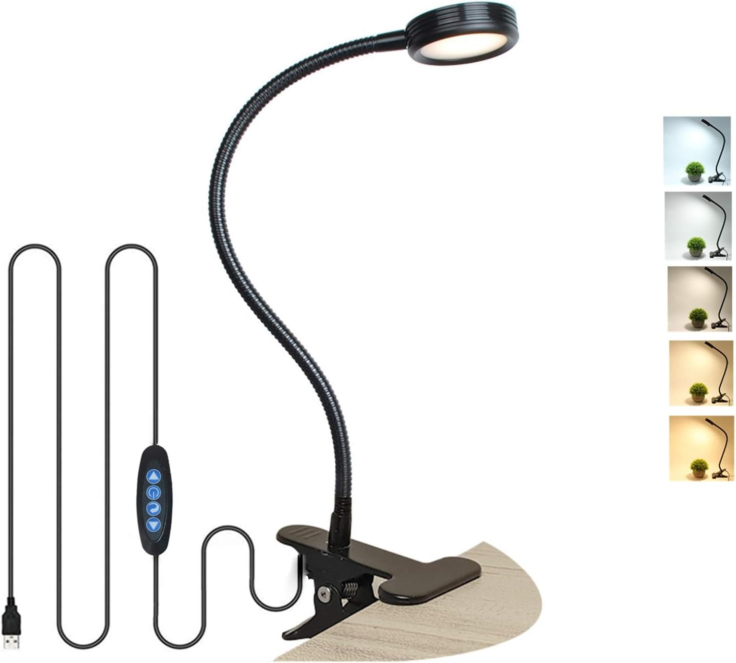Dimmable LED Desk Lamp/Clip Lamp, Stepless Color Temperatures(2700k-6500k) -Stepless Dimming(100lm-600lm),Button Control Pane ,6W Dimmable Clip Lamp for Bedroom, Bed Headboard, Office (Black)