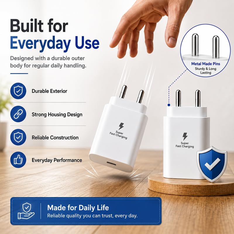 Image of 25W PD 3.0 C-Type Superfast Charging Adapter Compatible with Galaxy A17|M17|F17|M17e|S24|S25|S26|Tab S9|S10 (Ultra, Plus, FE, Pro, Lite) and Other USB C Devices 25 W Charger Travel Adaptor, White