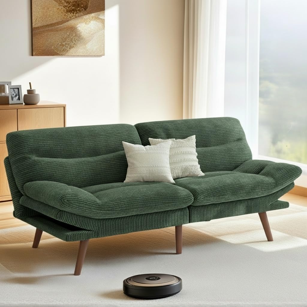 Pipishell 75" Convertible Futon Sofa Bed with Adjustable Armrests, Green | 3-in-1 Sofa, Recliner and Bed, 3-Position Adjustable Backrests, 5-Level Adjustable Armrests, Corduroy Fabric, Small Space Use