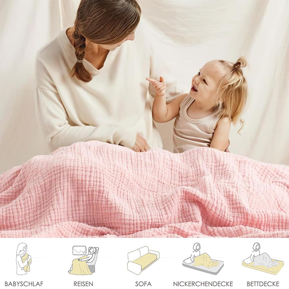 Musselin Decke, Sanfte Musselindecke für Erwachsene Baby Kinder, Leicht, Luftig 6-lagig Musselin Decke Bio Baumwolle, Waschbar Musselin Sommerdecke, Muslin Blanket Bettwäsche