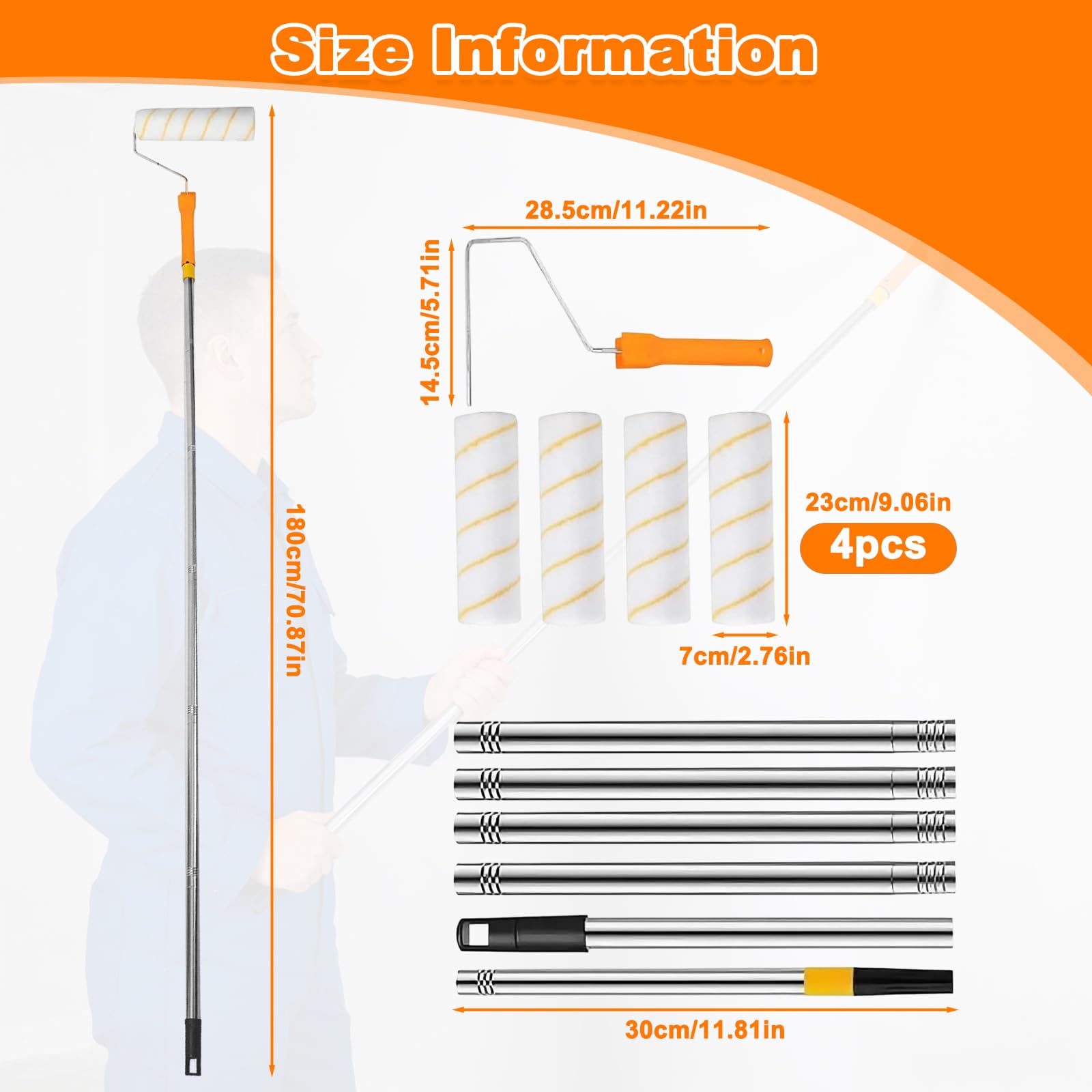 Set di Rullo Pittura con Asta Telescopica Regolabile 30-180cm & 4 Rulli Imbiancare, Set Attrezzi DIY Ristrutturazione per Verniciatura Pareti, Soffitti e Superfici Interne & Esterne
