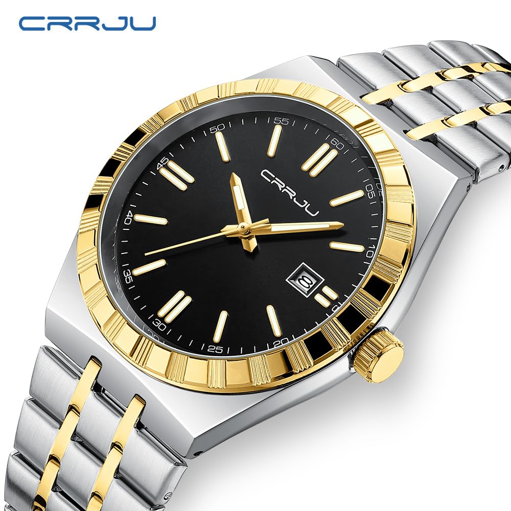 Close-up of the CRRJU silver business watch face and bracelet.