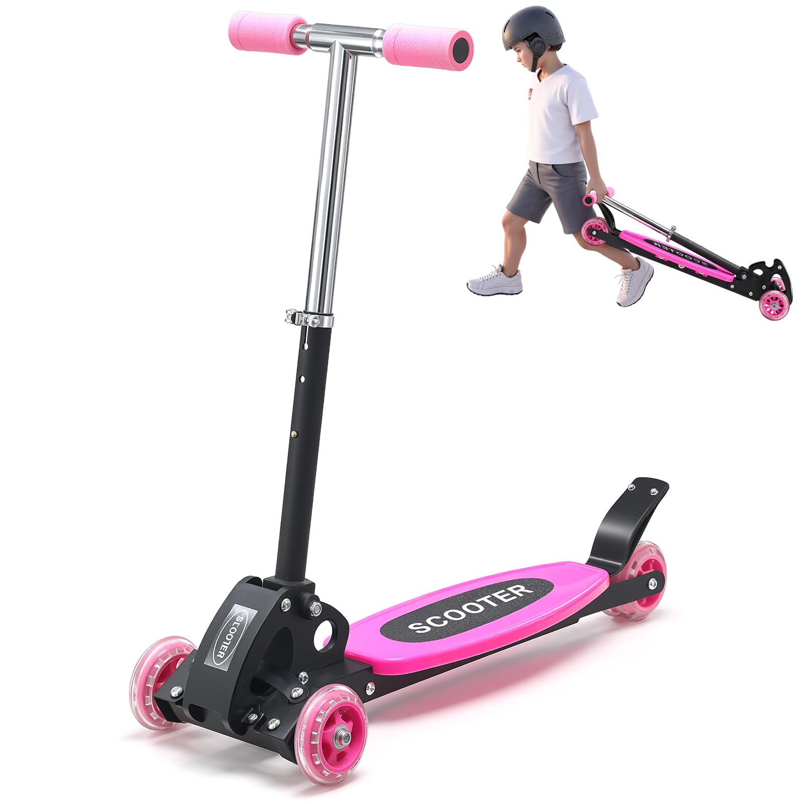 ETICSIPA 3 Wheel Scooters for Kids 2-5 Years, 4 Adjustable Heights Foldable Metal Toddler Scooter for Boys Girls Up to 120 lbs, Lean-to-Steer, Dual Rear Brake Widen Anti-Slip Deck, Pink