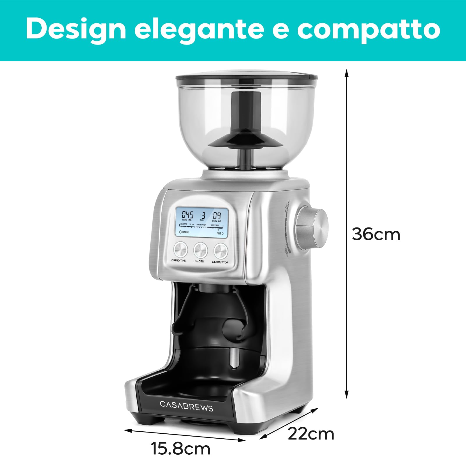 CASABREWS Macina Caffe' Elettrico a Cono, 77 Impostazioni di Macinatura, Macinacaffè Elettrico per Caffè Espresso e portafiltro, Contenitore per I Chicchi da 400gr, Indicatore LED,Acciaio Inossidabile
