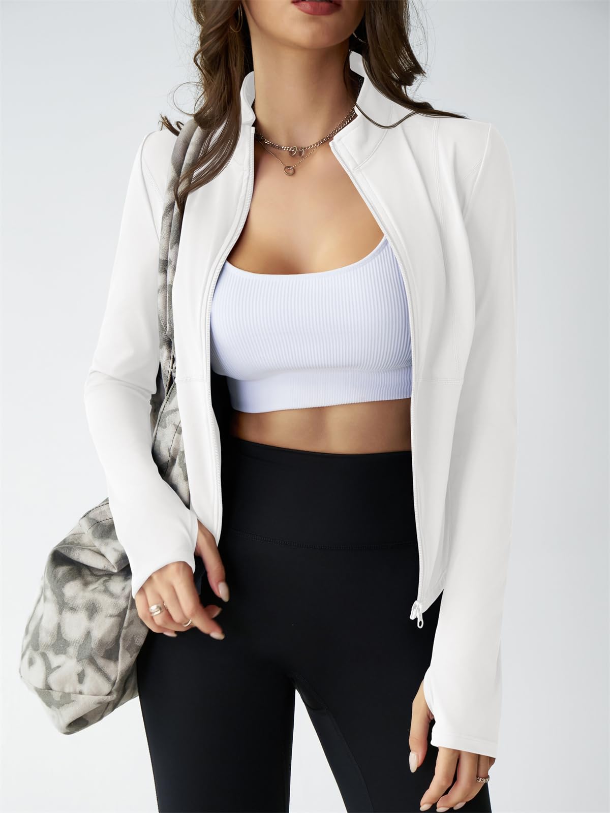 Fisoew Giacca sportiva da donna a maniche lunghe, con chiusura lampo, UPF 50+, sportiva, per yoga, palestra, fitness