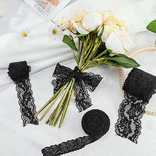 4 Rolls 24 Yards Floral Lace Ribbon Stretch Floral Pattern Lace Ribbon Vintage Lace Ribbon Wide Black Tulle Lace Trim For Diy Crafts Sewing Present Wrapping Decoration #TOP2
