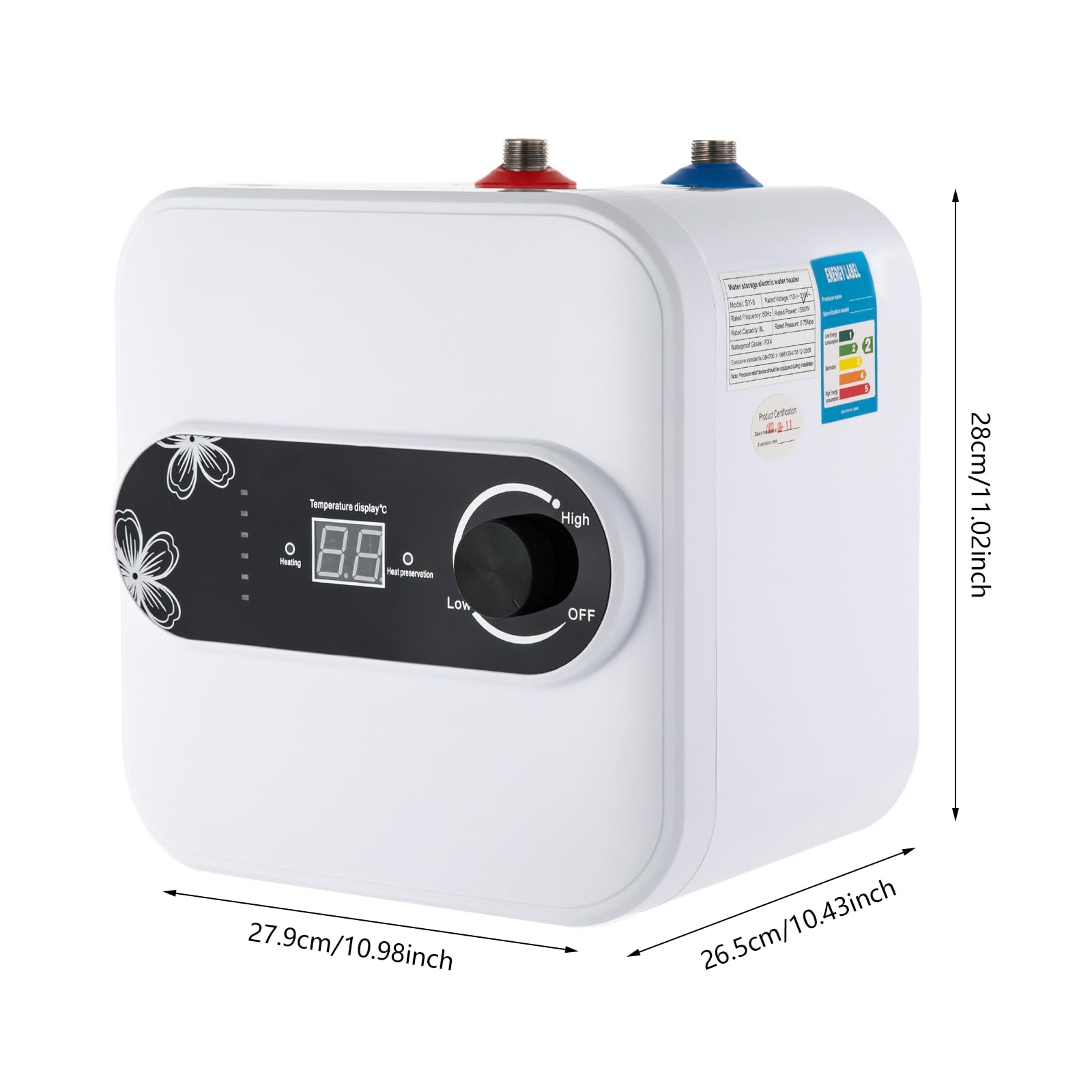 Podblatowy bojler 8 l, 1500 W, elektryczny podgrzewacz wody, mini podgrzewacz wody, podgrzewacz wody 30-65°C, natychmiastowy mały podgrzewacz wody do kuchni, łazienki