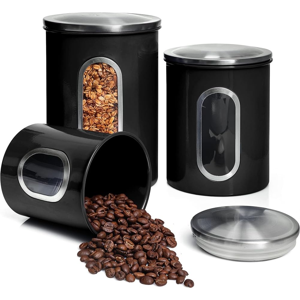 Hndhbfgrt Metal for Kitchen Counter Storage Canisters Set, 3-Piece Food Saver Jars with Airtight Lids in Black for Coffee Beans