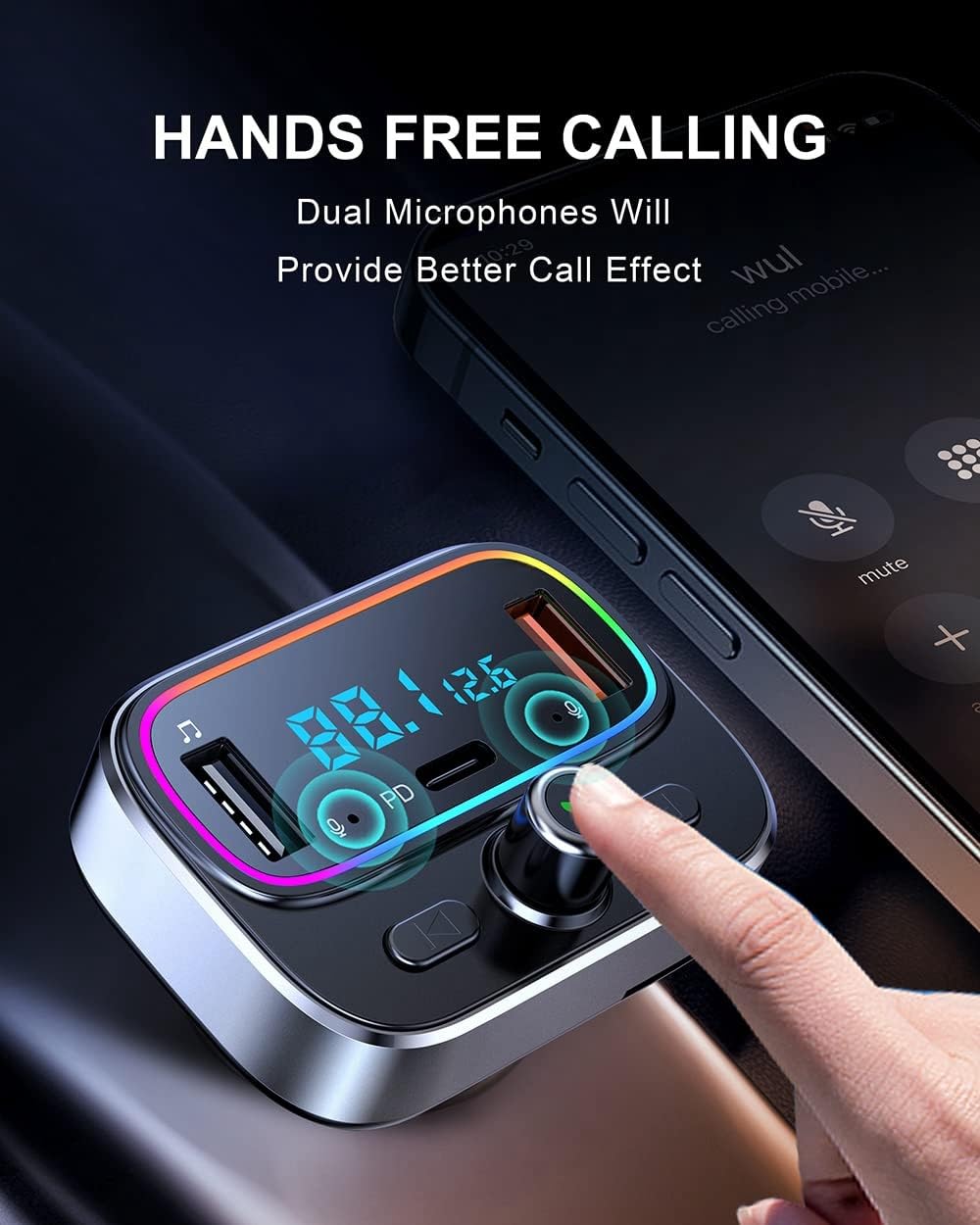 Transmisor FM Bluetooth Dual Micrófono para Llamadas Manos Libres Coche Cargador USB Coche QC 3.0&PD 20 para Todos Los Smartphones, Reproductores de Audio Soporte Tarjetas TF/SD y Disco USB
