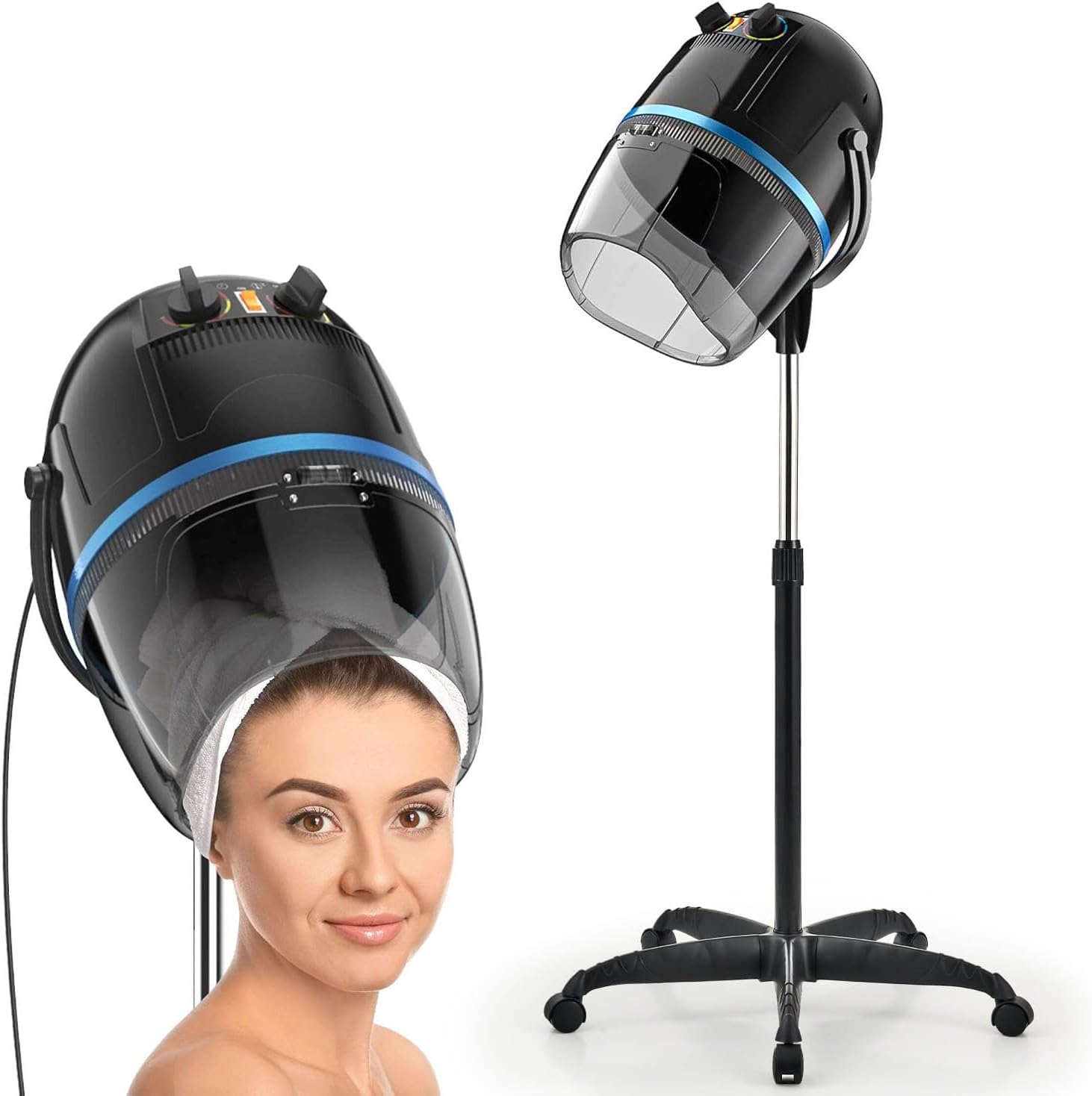 Angju Hair Steamer, Professional Black Hooded Floor Hair Dryer Adjustable Bonnet Hair Dryer Stand Up with Temperature Timer and 360 Swivel Rolling Wheels for Beauty Spa Home Salon Equipment