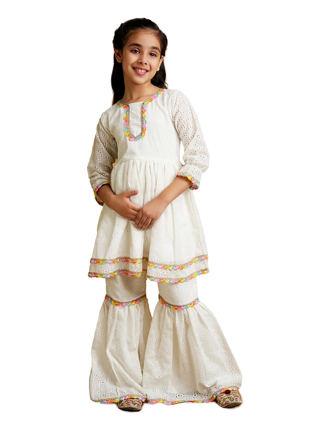 AJ DEZINES Girls Cotton 3/4th Sleeve Kurta Sharara Set for Kids - Ethnic Wear | Festival Outfit - Schiffli Solid Printed Pattern, Regular Fit