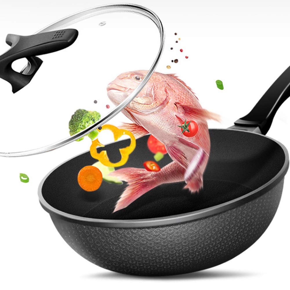 Wok in Lega di Alluminio con Supporto, Coperchio in Vetro, Wok Antiaderente Leggero per Saltare in Padella, Manico Ergonomico, AntiGraffio, 30 Cm