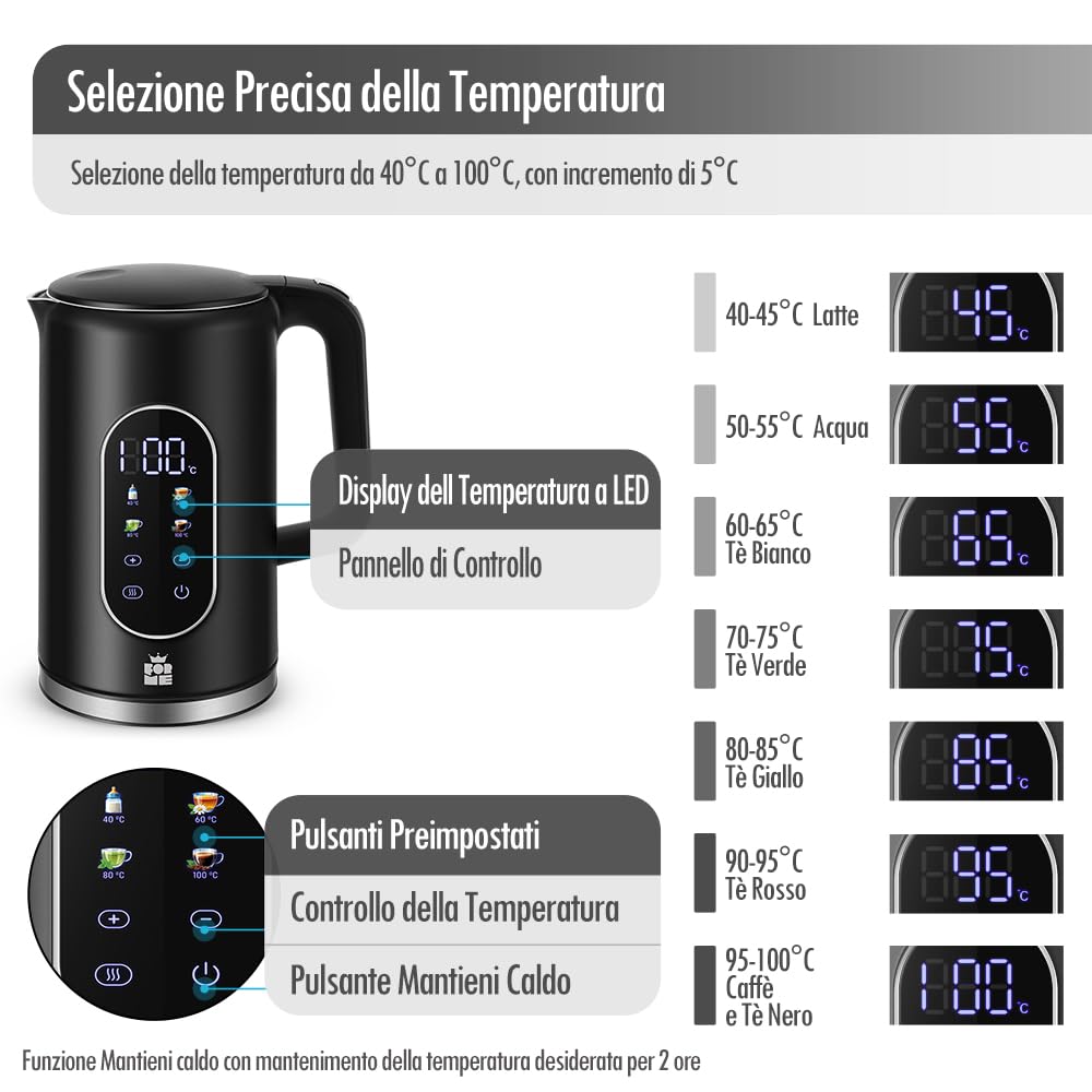 Cecotec Bollitore elettrico 1,7 Litri Thermosense 800 Neo. Potenza di 2200 W, display digitale, funzione Keep Warm, acciaio inox interno, Cool Touch e regolazione temperatura tra 40-100 °C