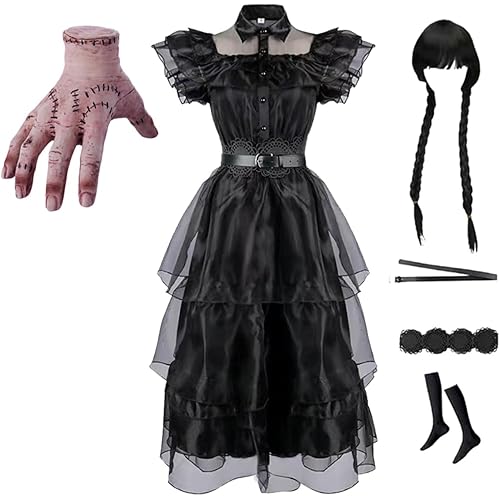 YDYDYYD Wednesday Addams Dress Halloween Costumes Girls Kids Toddler, with Props Thing Hand/Wig/Belt/Socks for 3-14Years (45 Inch/12-14years)