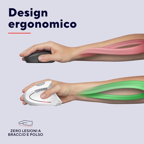 Verto Mouse Verticale Wireless, Mouse Ergonomico senza Filo, Ridurre la Tensione del Braccio e del Polso, 800-1600 DPI, 6 Pulsanti, PC, Computer, Portatile, Mac, Batterie Incluse - Bianco - Mouse gaming - Immagine 2