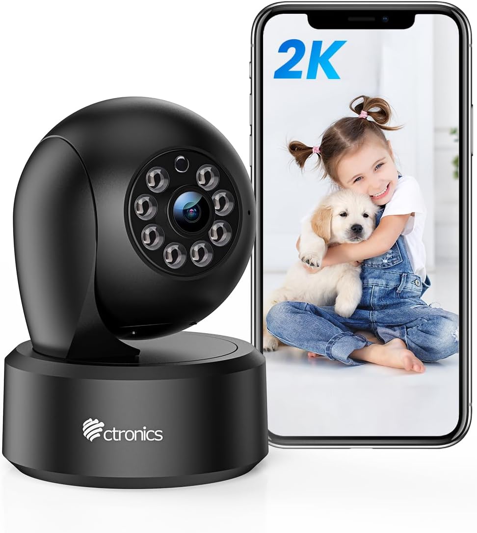 Ctronics 2K 3MP Caméra Surveillance WiFi Intérieur, 360° PTZ Caméra, IP