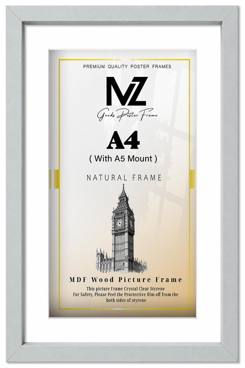MZ GOODS | MDF Modern Poster Frame A4 (21.00 x 29.70 cm) With A5 (210 x 148 mm) White Mount Engineered Wood | 11" x 8" Award, Photo, Home & Office Wall Décor [ Light Grey ]