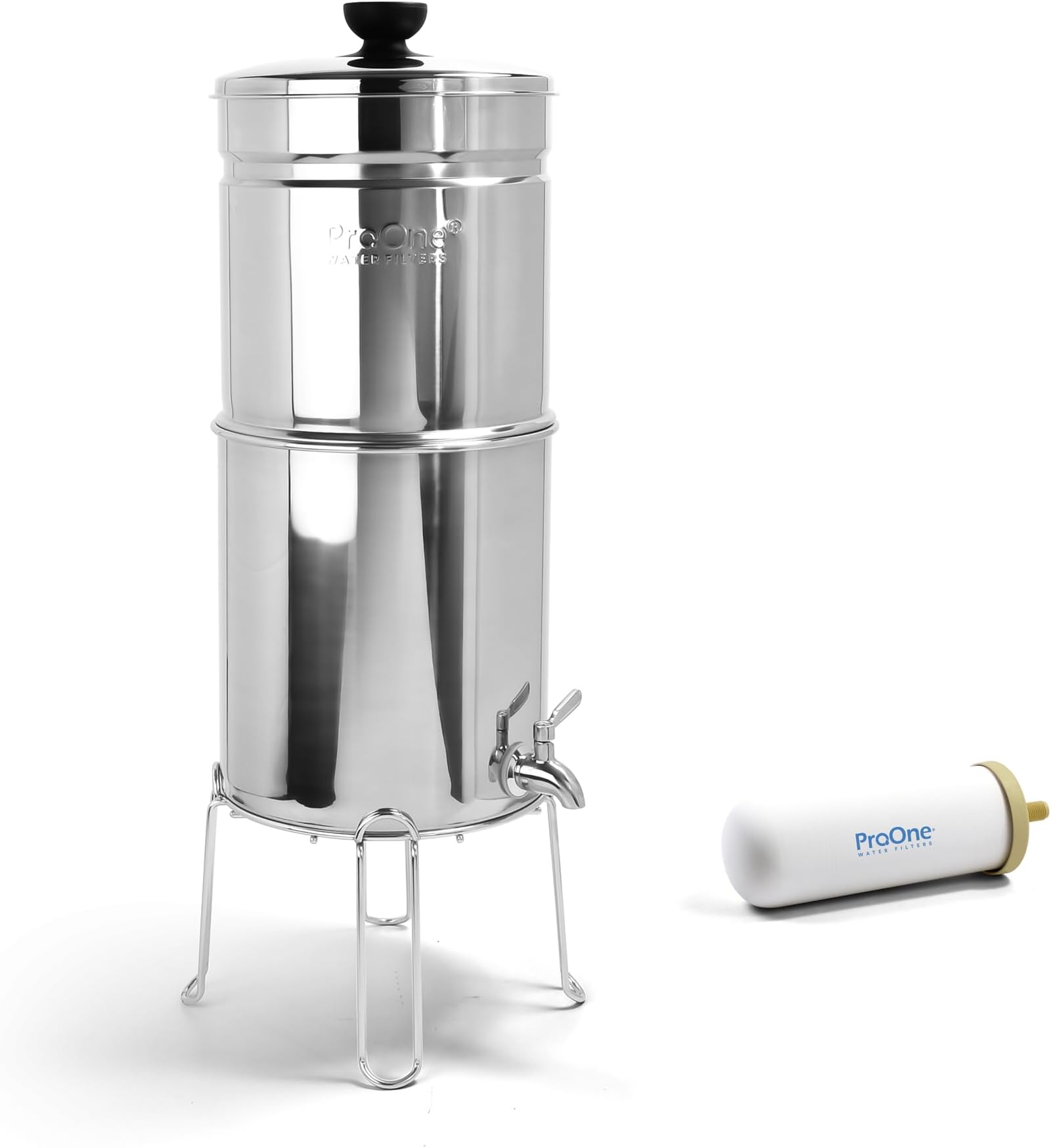 ProOne Big+ Stainless-Steel Gravity Water Filter System, 3-Gallon Water Capacity, Countertop Water Dispenser for Home, Camping, and Travel