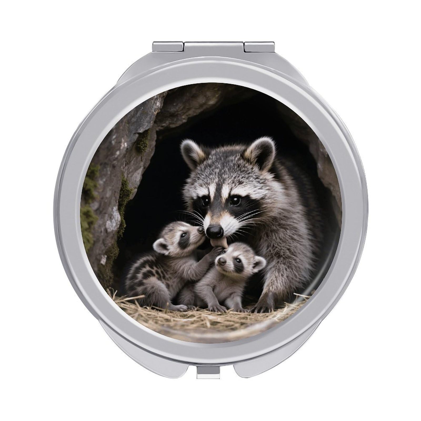FodPand Compact Hand Mirror with 1x/2x Magnifying Round Travel Makeup Mirror Mini Foldable Raccoons Cosmetic Mirrors Travel Essentials Gift for Women Girl Portable for Pocket Purse -Silver