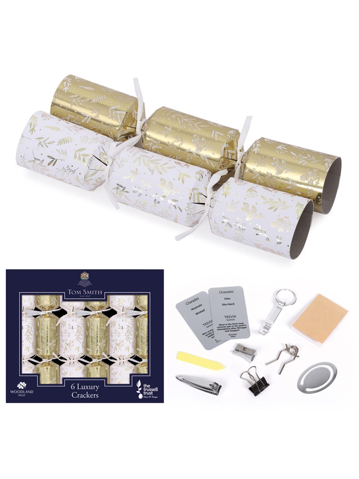 Tom Smith Pack 6 Luxury Mini Christmas Crackers White & Gold Festive Foliage Design