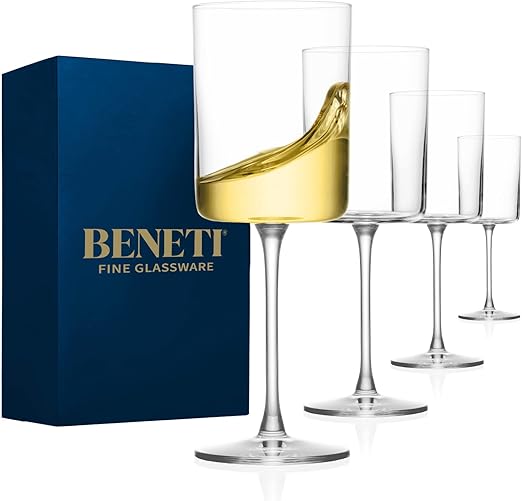 BENETI Square Crystal Wine Glasses Set Of 4 - European-made Handblown 14 oz Gift Packed Glasses - Large White & Red Wine Goblets W/Laser-cut Rim, Dishwasher-safe Clear glass gifts Set