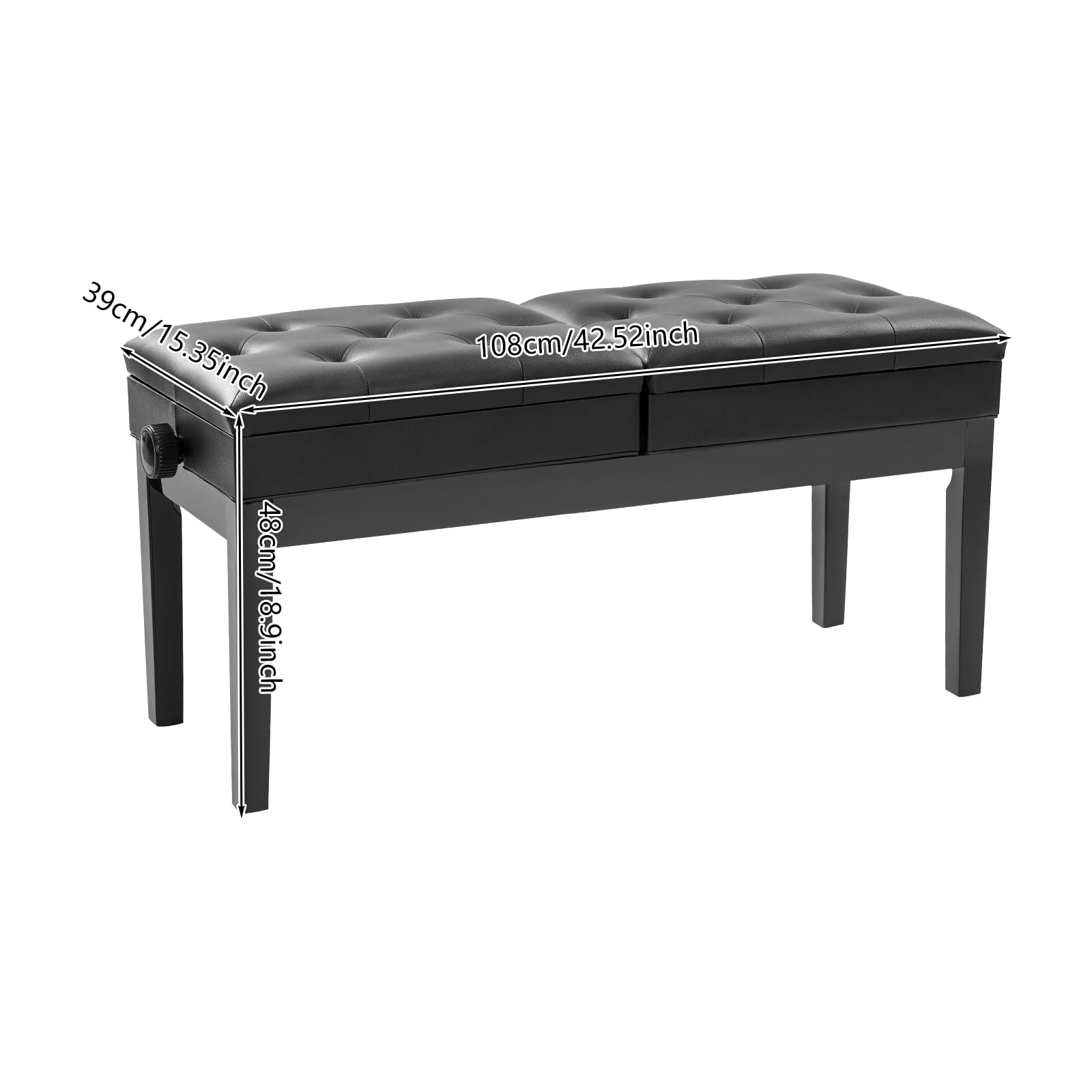 Doppelsitzer Pianobank,108x39x48cm Klavierbank,Klavierhocker Höhenverstellbar 2 Personen,200KG Belastbar,Klavierstuhl mit Stauraum für Zu Hause,Schulen,Konzerten(Schwarz)