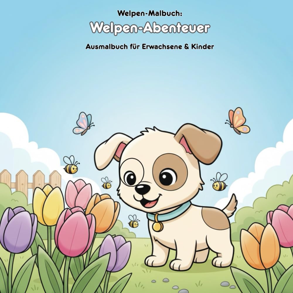 Welpen-Abenteuer: Geschichte und Malbuch: Für Erwachsene & Kinder: 36 Ausmalbilder - Welpen-Abenteuer im Garten, 21.59 x 21.59 cm. Große Motive für kleine Künstler.