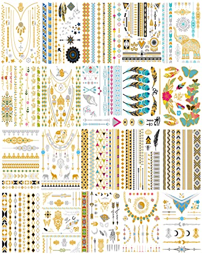 20 Feuilles Tatouages Éphémères Métalliques pour Femmes Ados Filles, Tatouages Temporaires Argent Paillettes Flash Autocollants Bracelets, Plumes, Poignets, Brassards Tatouage Imperméables Cover