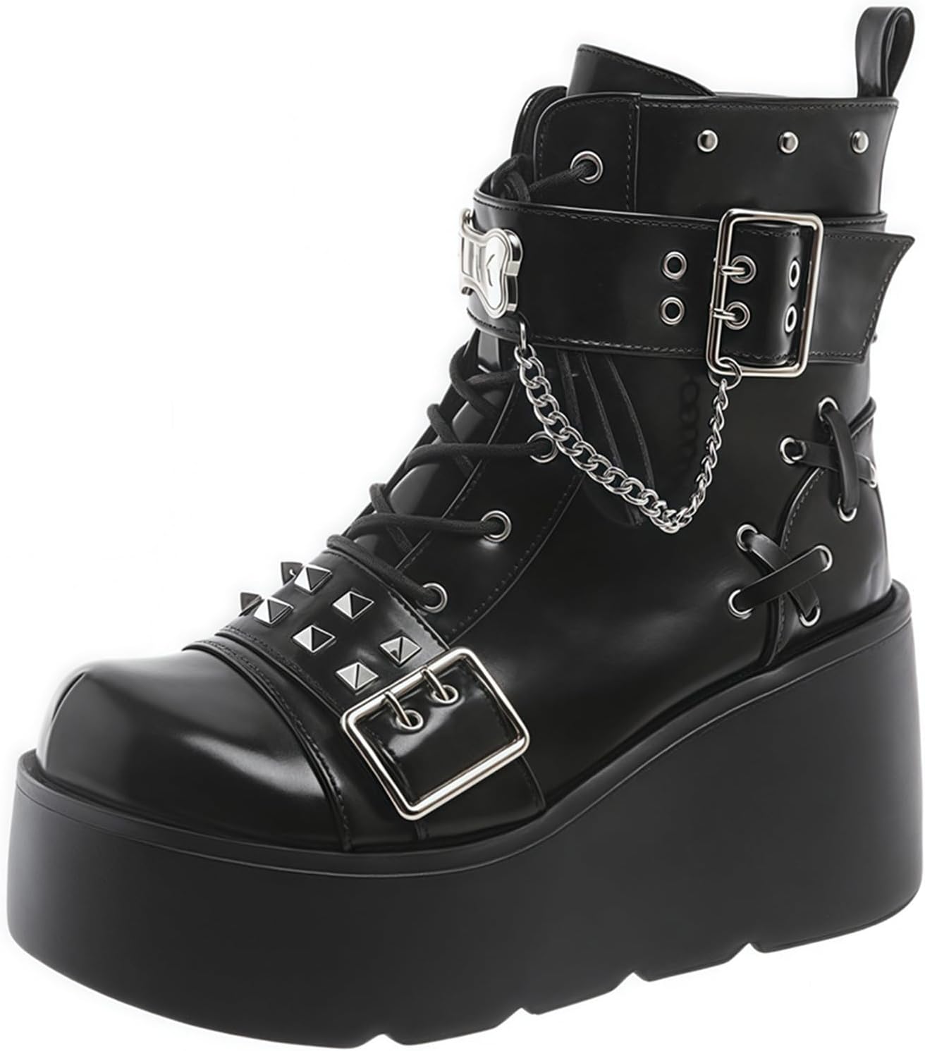 Women's Chunky Heel Platform Boots Gothic Punk Lace-Up/Side Zipper Combat Ankle Booties Wedge Height Boost Sole Round Toe Shoes for Halloween Cosplay Costume Events Dating