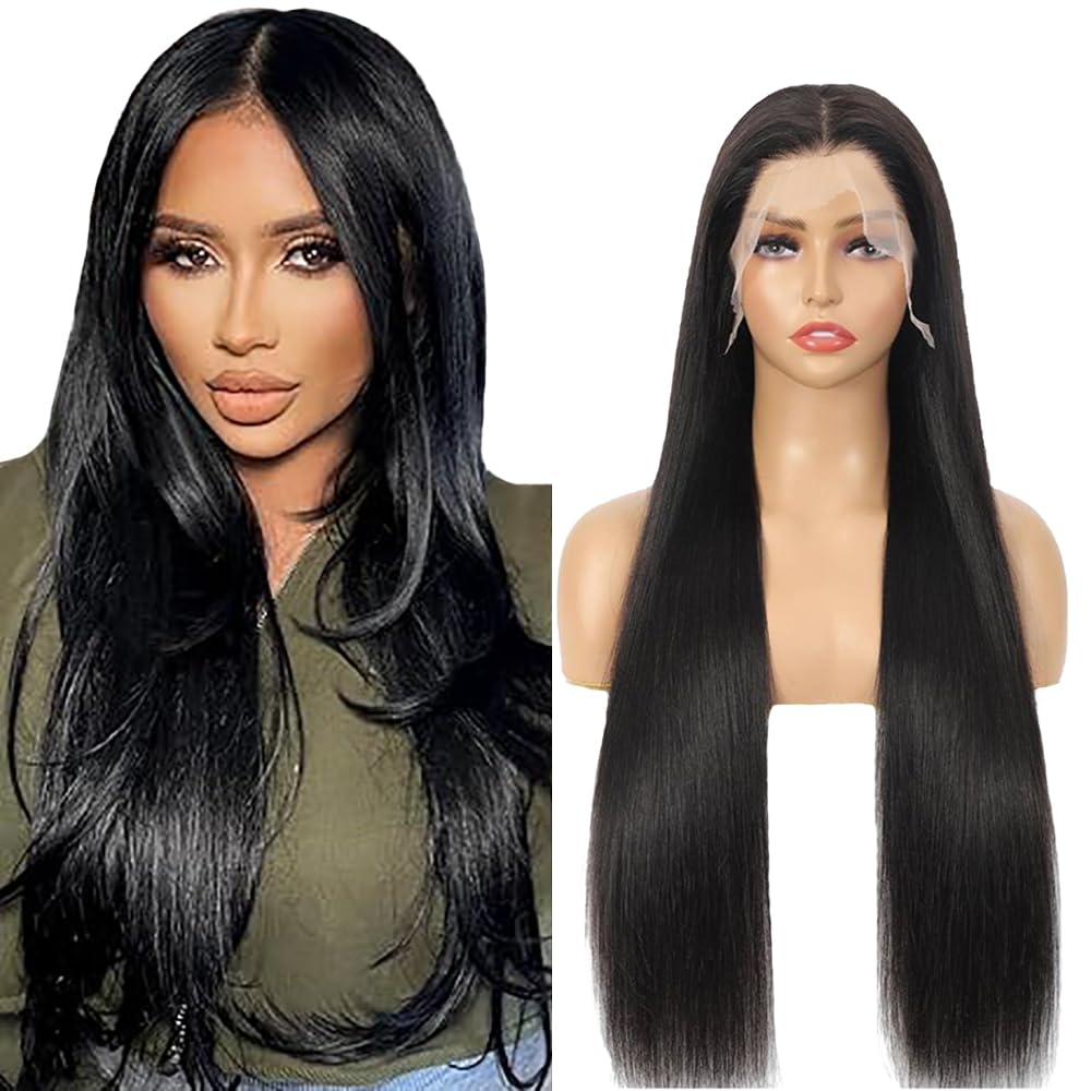 Parrucca Donna Capelli Veri Umani 13x1 Lace Front Wig Straight Human Hair Wig Natural Black Wig Pre Plucked with Baby Hair 180% Density Hair 32 Pollice