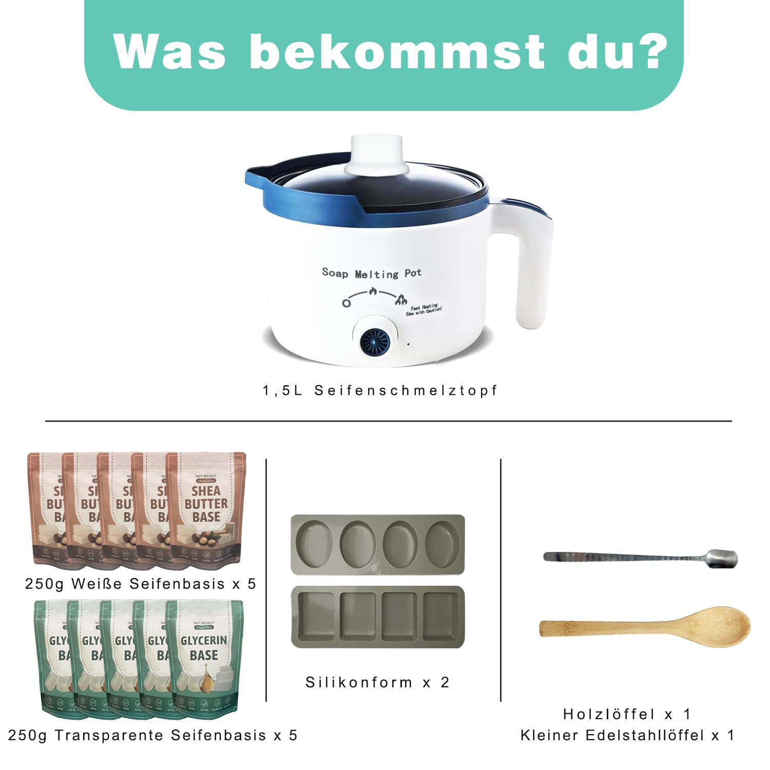 Seifenschmelzer für Seifenherstellung, DIY Seifenschmelztopf für DIY Seife Selber Machen Set, Erwachsene und Kinder (Seifenschmelzer + Seifenbasis-Set)
