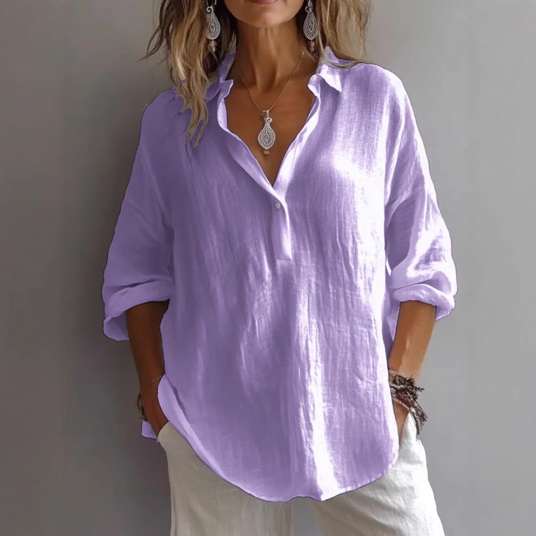 Chemise en Lin V, Top Ample Manches 3/4(Rose,as4,Alpha,XX_l,Regular,Regular)