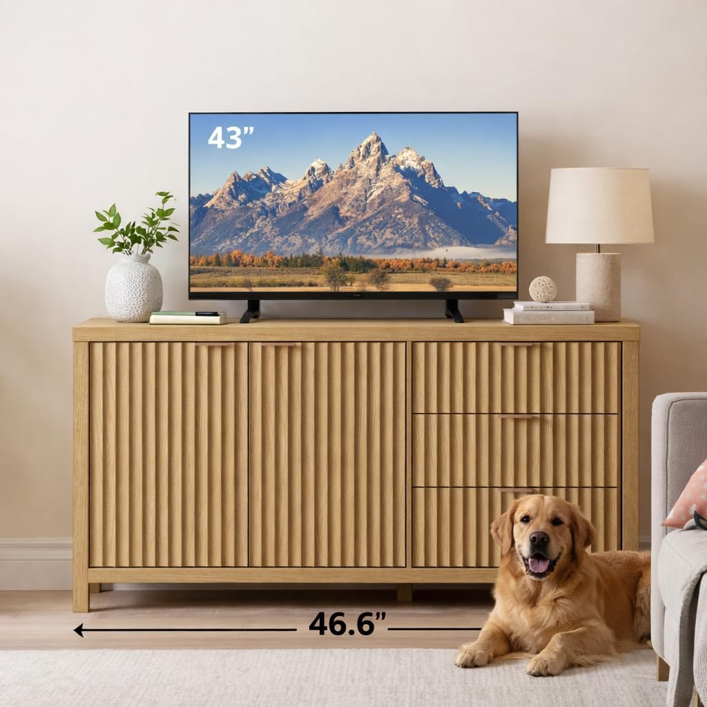 OAKHAM HOME Fluted Sideboard Cabinet 46.6'' Buffet Cabinet with 2 Doors and 3 Drawers Modern Storage Credenza with Adjustable Shelves for Living Room, Entryway or Kitchen, Golden Oak