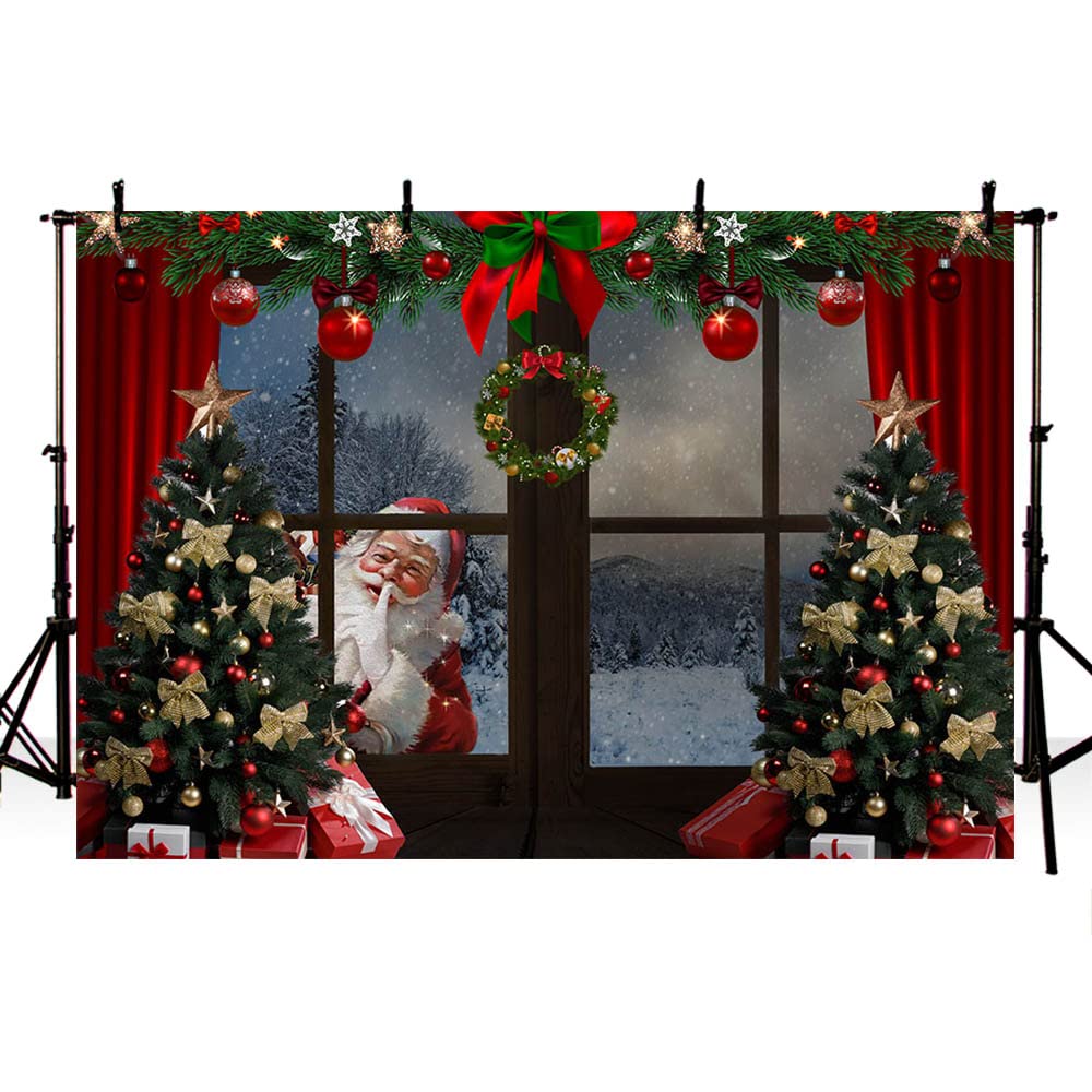 MEHOFOND 7x5ft Christmas Backdrop Xmas Tree Gift Box Santa Claus Garland Window Winter Snow Scene Photography Background Family Festival Decoration Photo Studio Booth Props Supplies