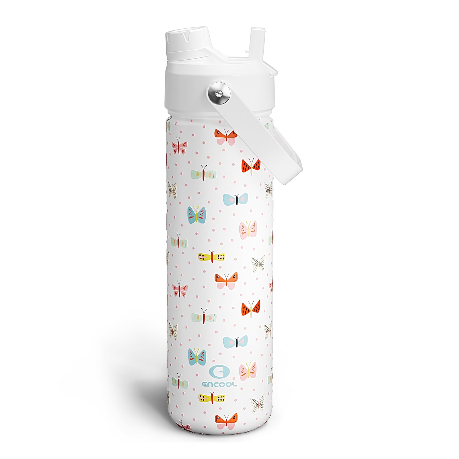 ENCOOL Insulated Water Bottle with Straw Stainless Steel Water Bottle, Leak-Proof, BPA-Free, Double Wall Vacuum Keeps Cold for 24 Hours for Sports, Travel, School (26 oz, Cute Butterfly)