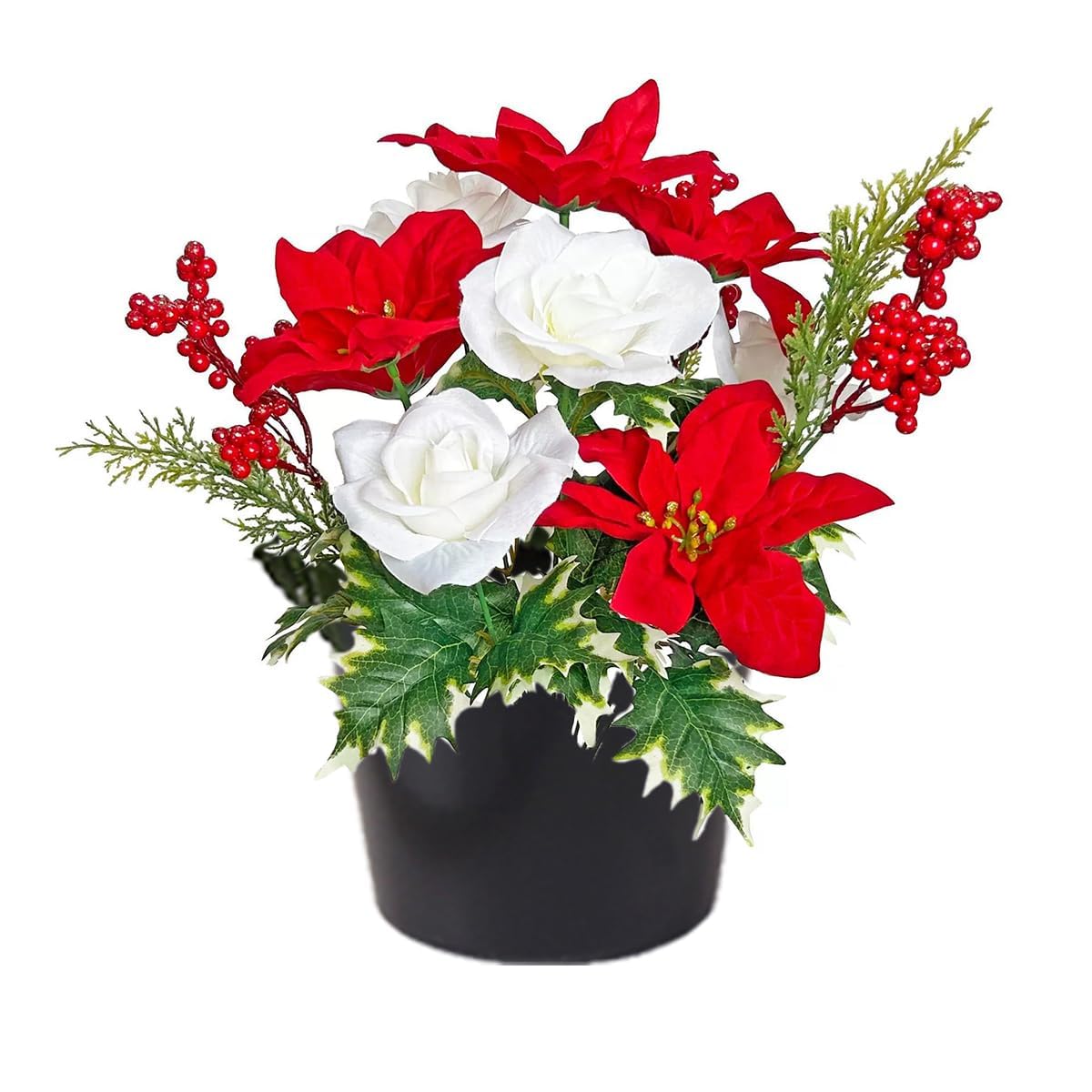 Etomvoop Red Artificial Grave Flower 6 Poinsettia With 4 Berries Outdoor Cemetery Flowers In Pots For Funeral Cemetery Graveside Christmas Home Decorations