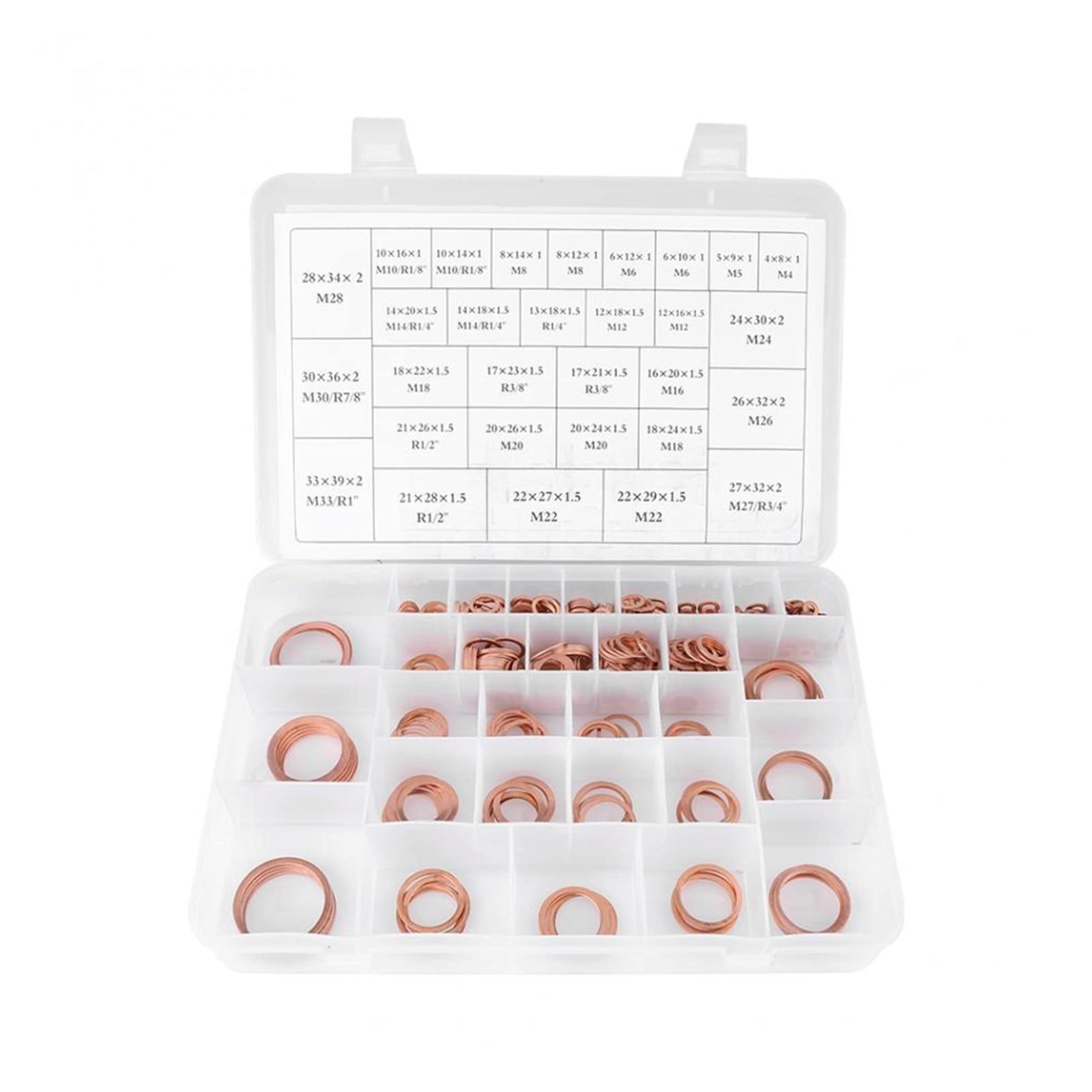 Wshao store 568 sztuk/zestaw miedzianych uszczelki Uszczelki Płaska pierścień Zestaw z plastikowym pudełkiem Zestaw asortymentowy ZESTAWY SAMPY WTYCNE PRZEŁĄCZNIK COPER WASHER