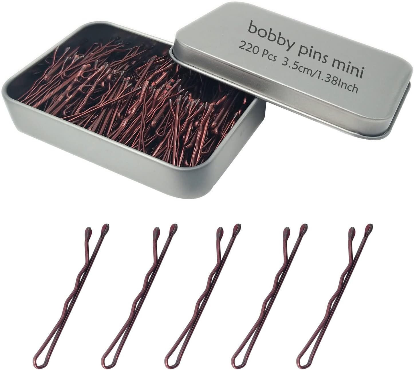 YINGFENG 220 Count Mini Wavy 1.38 Inch Bobby Pins Brown, Small Hair Bobby Pins with Storage Box for Updos, Metal Hair Clips for Kids, Girls and Women, Suitable for All Hair Types