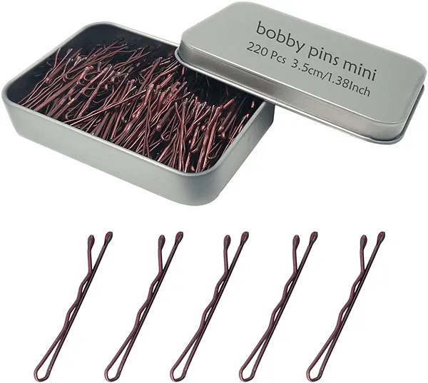 220 Count Mini Wavy 1.38 Inch Bobby Pins Brown, YINGFENG Small Hair Bobby Pins with Storage Box for Updos, Metal Hair Clips for Kids, Girls and Women, Suitable for All Hair Types