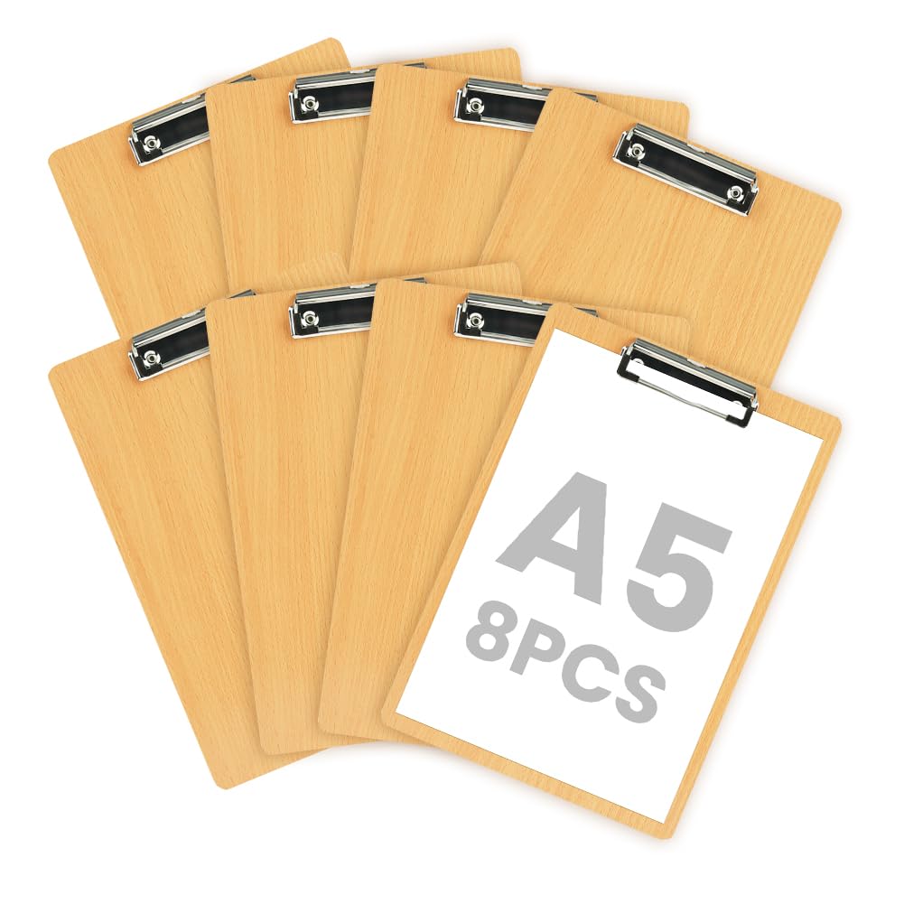 OFFCUP Klemmbrett A5 Holz, 8 Stück Klemmbretter mit Metalklemme Clipboard Schreibbrett A5 Hartplatten-Klemmbrett Zwischenablage für Büro, Täglichen Besorgungslisten, Restaurant, Schule