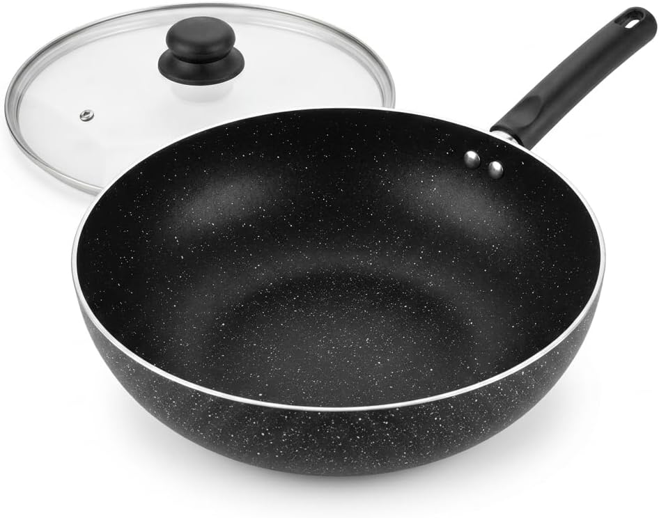 12 Inch Non-Stick Aluminum Wok Pan with Lid for Stir Fry, Induction Compatible Deep Wok for Noodles, Vegetables and Family Meals, Cookware for All Stovetops