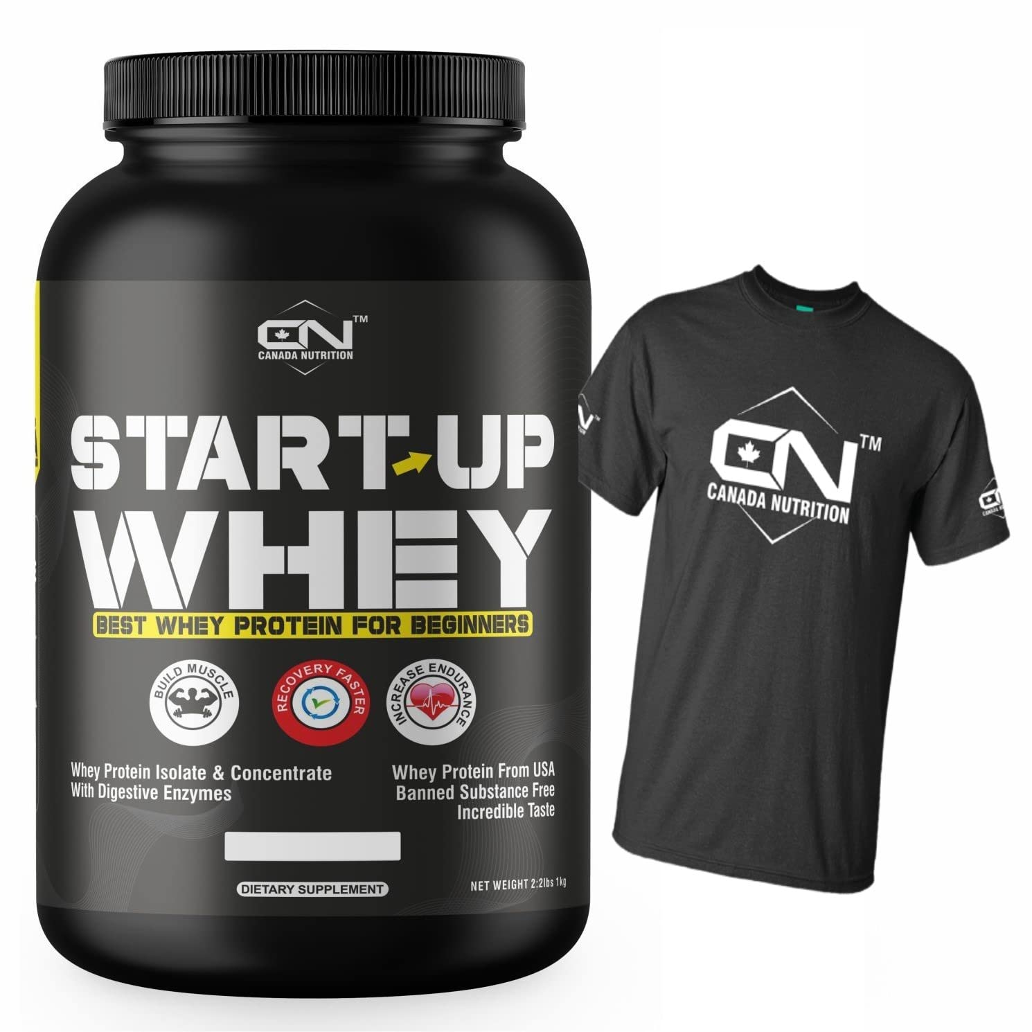 Canada Nutrition Startup Whey, Beginner's Whey Protein | No Added Sugar, Faster Muscle Recovery & Improved Strength | Whey Protein Powder. Muscle Building Supplements for Everyday Workout with Essential Amino Acid and Glutamine. Vegetarian, Low Fat and Carb Content - Chocolate, 1kg | Free T-Shirt