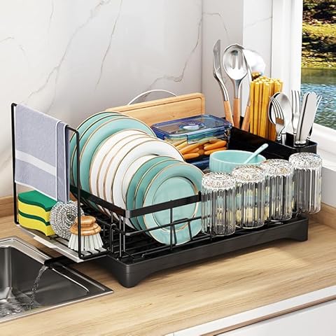 VANZAVANZU Dish Drying Rack for Kitchen Counter with Auto-Drain System, Drain Board, and Glass Rack for 4 Cups - 360° Swivel Spout Dish Rack, for Mother's Day Black Cover