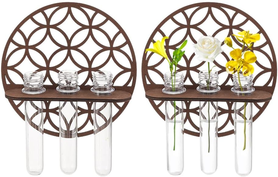 AHANDMAKER 2 Sets Round Plant Propagation Stations, Round Wall Hanging Terrarium Planter with 6 Glass Tube, Wall Plant Holder for Propagate Hydroponics Air Plants, Wall Plants, Dried Flower Home Decor