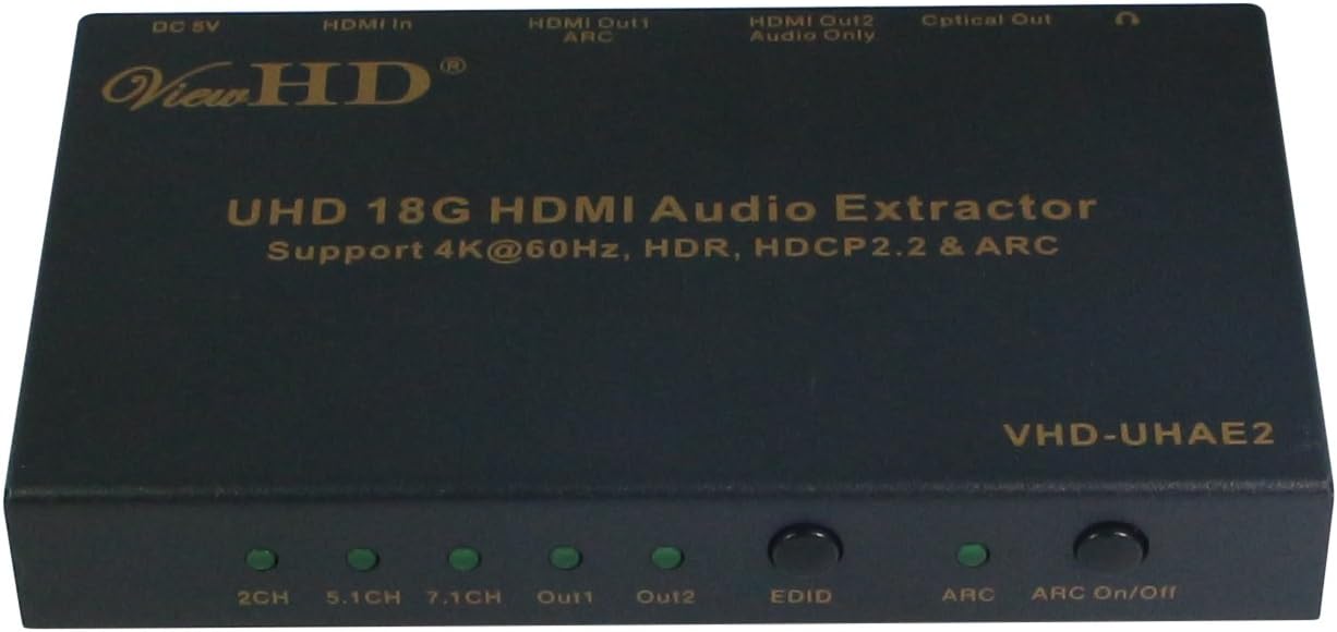 ViewHD UHD 18G HDMI Audio Extractor/Splitter Support HDMI v2.0b | HDCP v2.2 | 4K@60Hz | HDR | ARC | 3.5MM Analog Audio Output | Toslink Optical Audio Output | HDMI Audio Output | Model: VHD-UHAE2