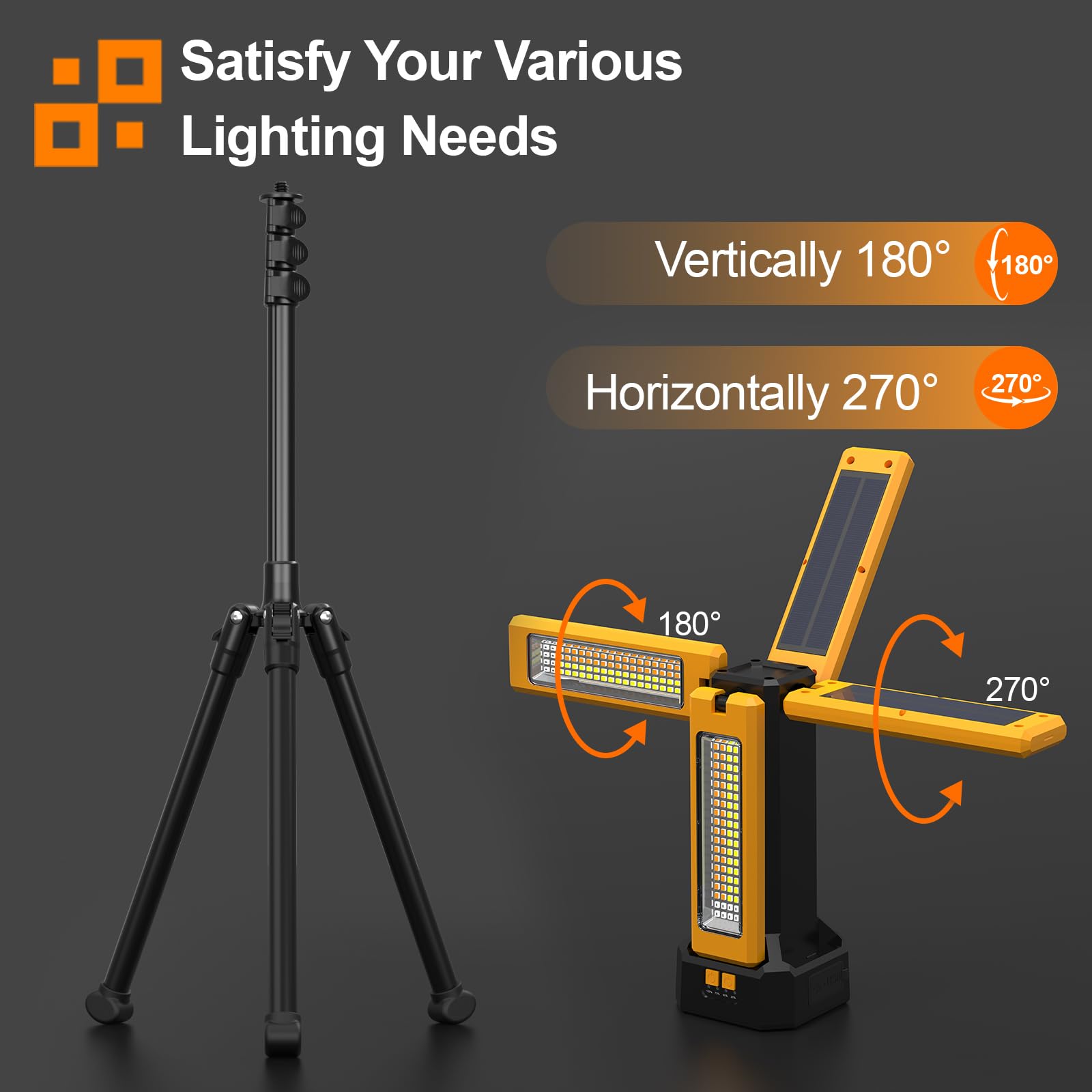 iodoo Projecteur de Chantier LED à Batterie Solaire Avec Trépied, Batterie D'une Capacité de 13200 mAh, Lampe Chantier Luminosité de 8000 Lumens (Orange avec télécommande)